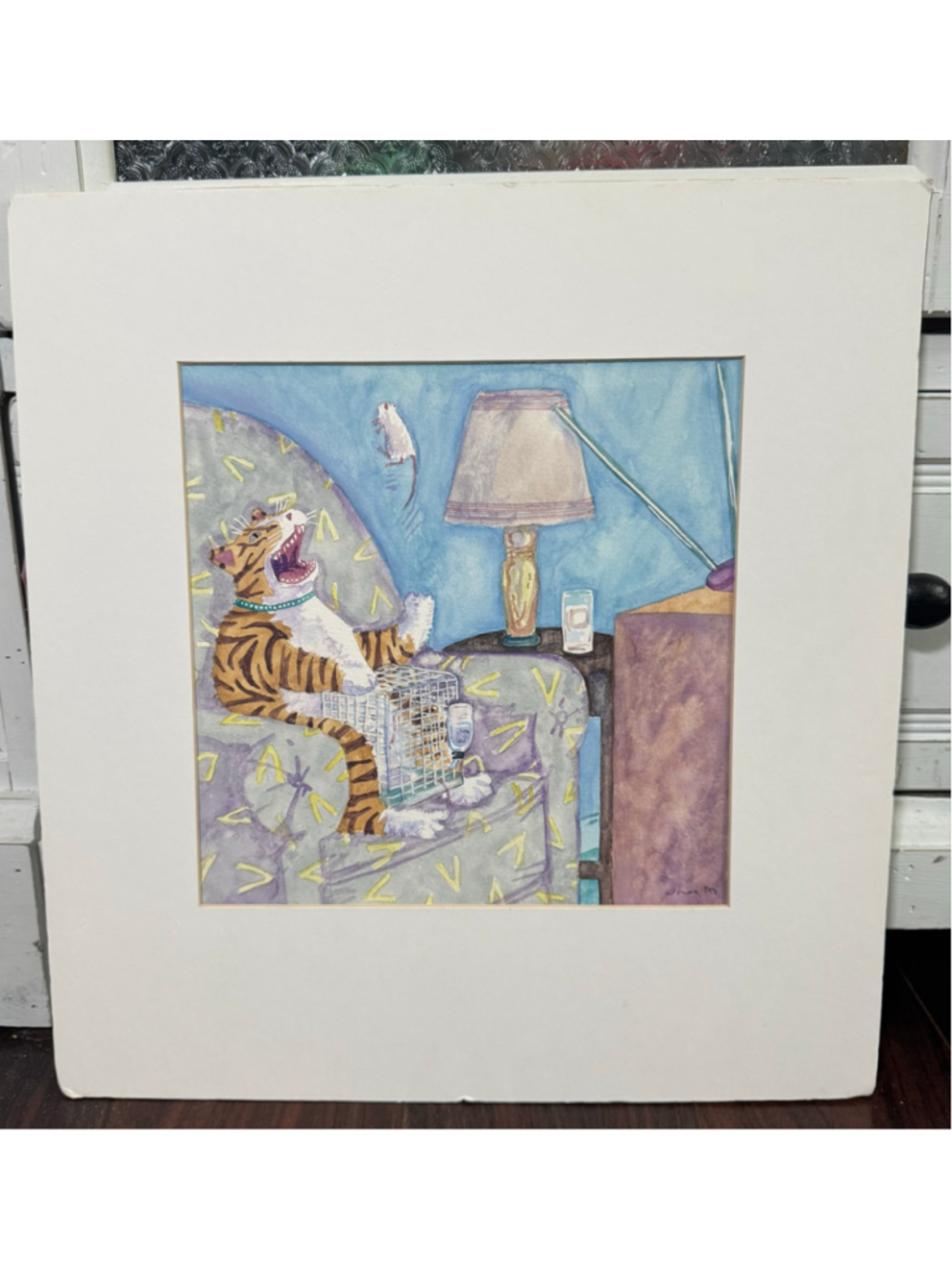 Original Jonathan Heath Watercolor Tabby Cat Mouse Folk Art Painting Signed